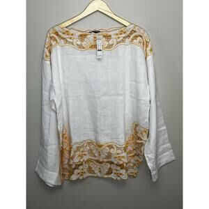 J Crew Cutwork Tunic Top in Linen Womens Large White Yellow Breezy Flowy FLAW